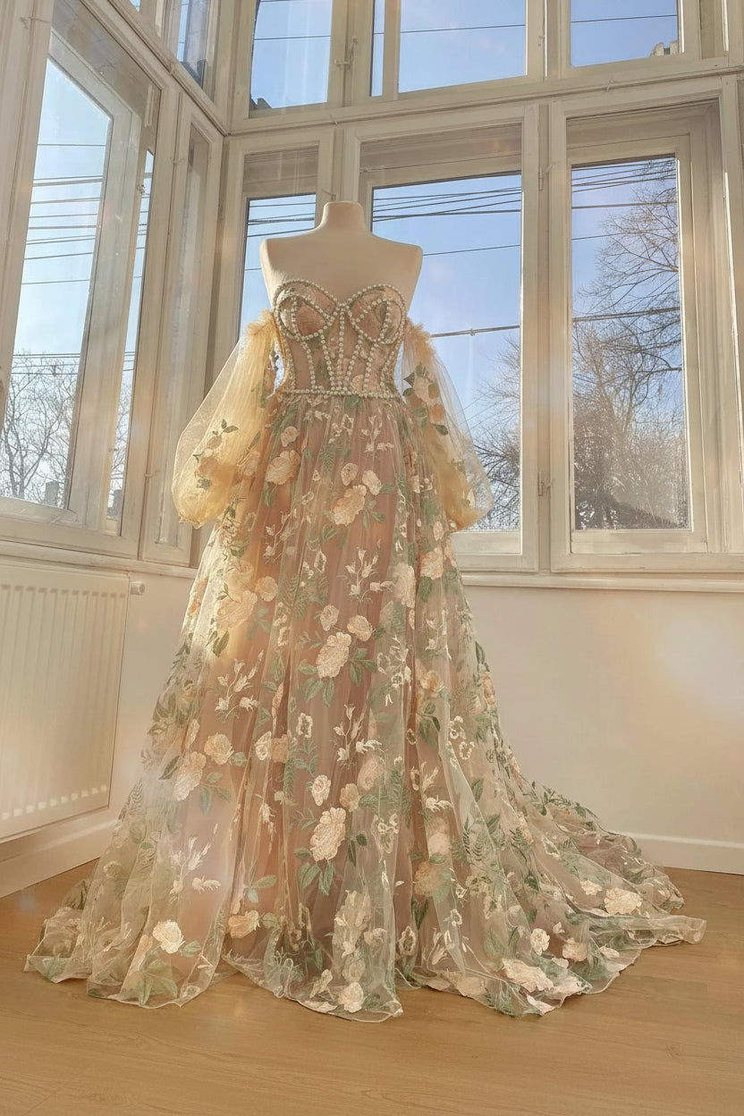 Robe de Créateur "Aura de Perles" Bustier Floral & Manches Bouffantes 5