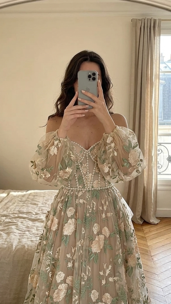 Robe de Créateur "Aura de Perles"  Bustier Floral & Manches Bouffantes