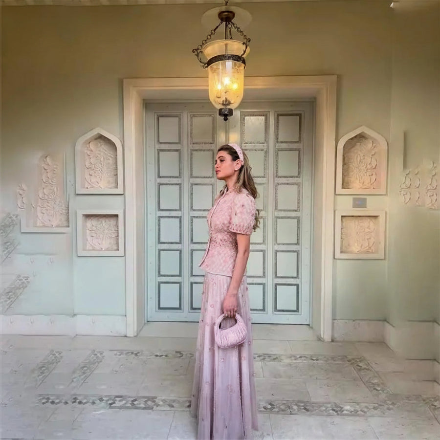 Ensemble Robe-Haut Long Rose Poudré Brodé et Pailleté